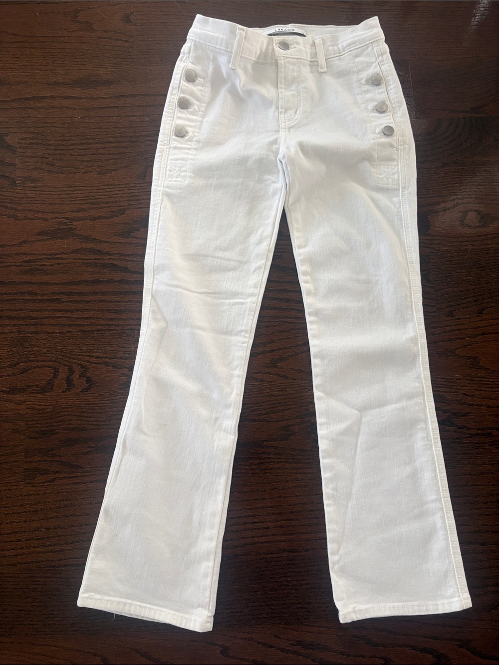 J Brand White Flared Jeans with Sailor Button Detail